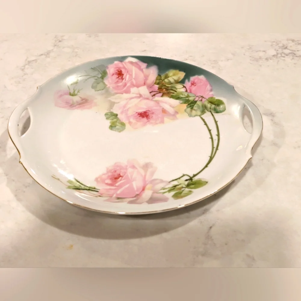 Vintage Bavaria Germany With Double Handle Plate With Pink Roses